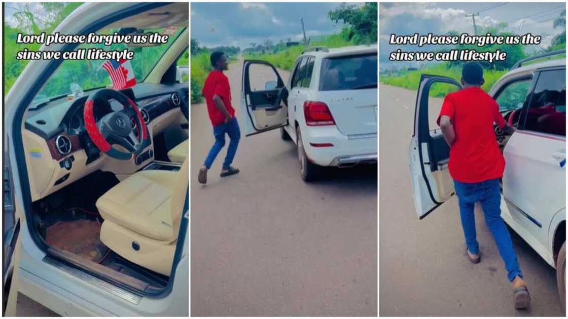 Benz in cruise control/Man celebrated new car. Benz in cruise control/Man celebrated new car.