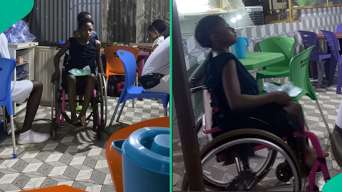 A girl using a wheelchair serves food to customers at her mother’s shop. A girl using a wheelchair serves food to customers at her mother’s shop.