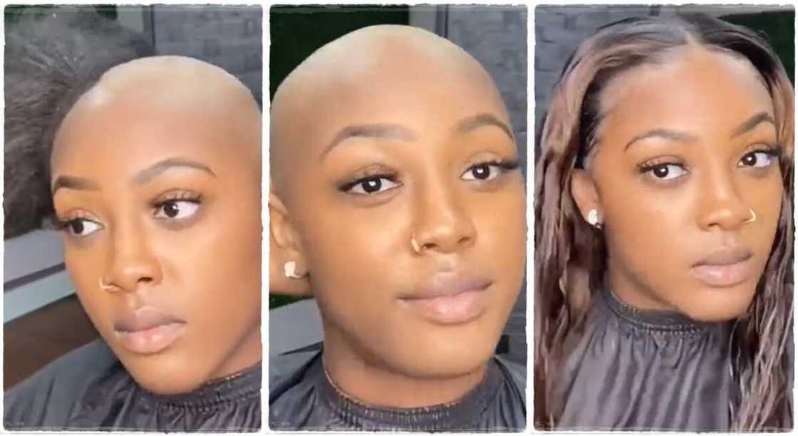 Lady who shaved her hair and gummed weavon on it.