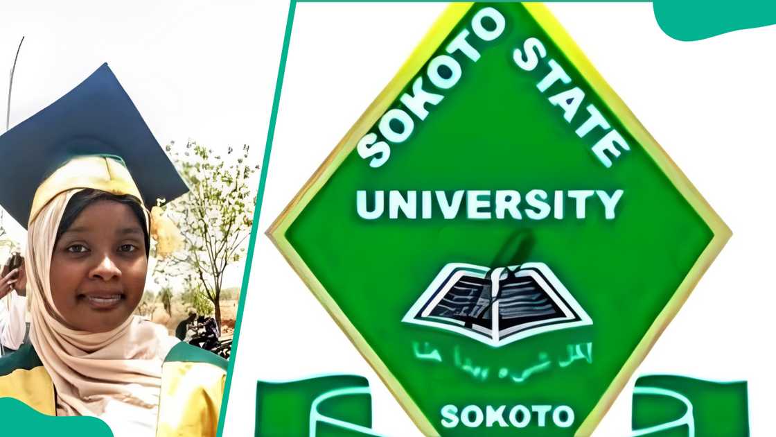 A female student in graduation attire (L), Sokoto State University logo (R)