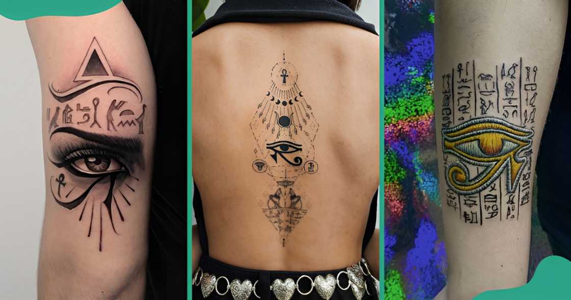 Eye of Horus tattoos with hieroglyphics on the arm, back and leg. Eye of Horus tattoos with hieroglyphics on the arm, back and leg.