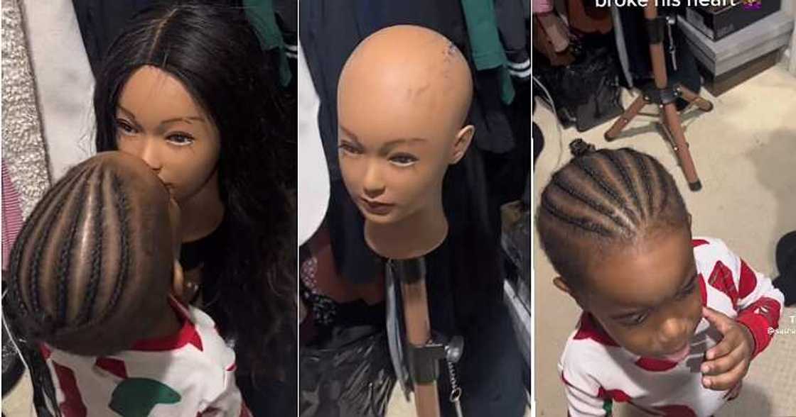 Little boy kisses mannequin, wig Little boy kisses mannequin, wig