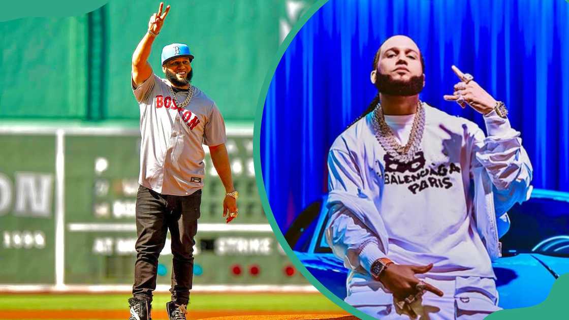 El Alfa posing in a field with a v-sign gesture (L). The rapper posing while sitting in front of a blue car (R). El Alfa posing in a field with a v-sign gesture (L). The rapper posing while sitting in front of a blue car (R).