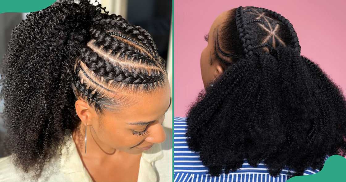 Two women show their braided hair with curly extensions.