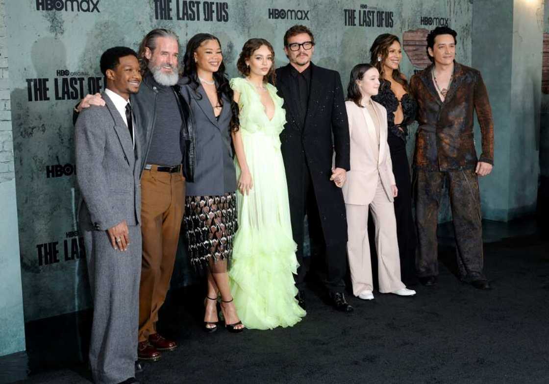 The cast of the new series "The Last of Us" (L-R): Lamar Johnson, Jeffrey Pierce, Storm Reid, Nico Parker, Pedro Pascal, Bella Ramsey, Merle Dandridge and Gabriel Luna at a presentation January 9, 2023 in Los Angeles