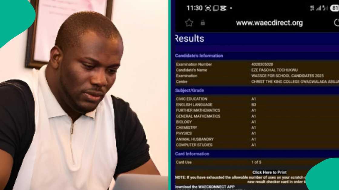 Man shows boy's excellent WAEC result. Man shows boy's excellent WAEC result.