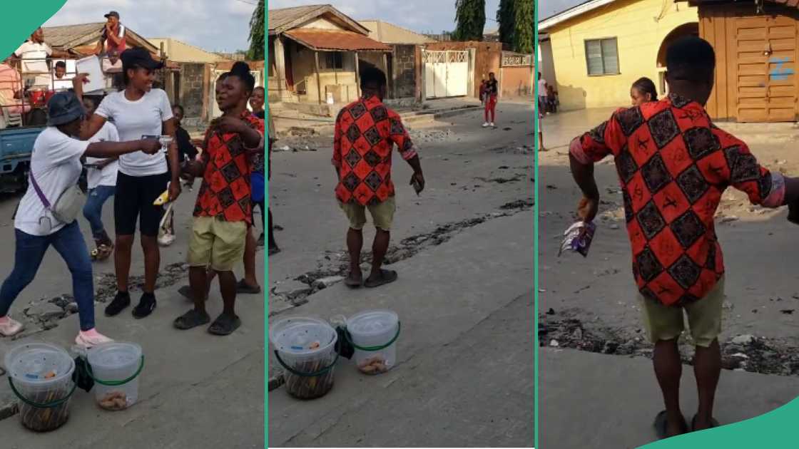 Video as fish pie seller dances on street, ladies join him