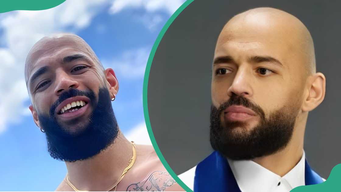 Ricochet smiling (L). The professional wrestler is posing for a photo in a blue and white outfit Ricochet smiling (L). The professional wrestler is posing for a photo in a blue and white outfit