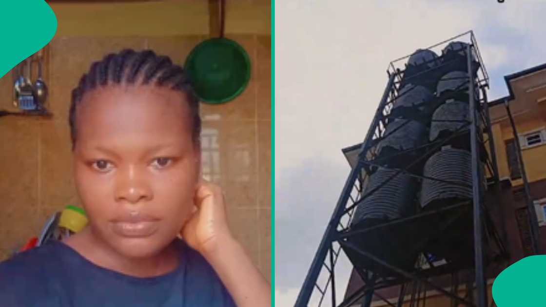 Nigerian lady reacts to high tank stand with eight large tanks. Nigerian lady reacts to high tank stand with eight large tanks.