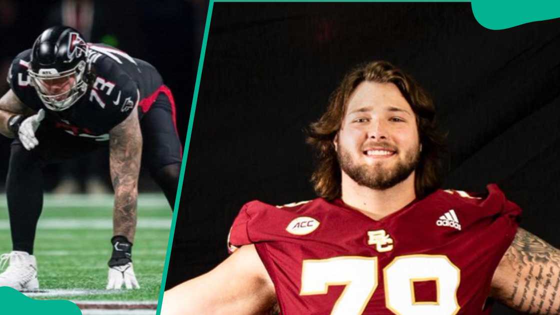 Tyler Vrabel positioned in a three-point stance on a football field (L). The football player wearing a red uniform (R)