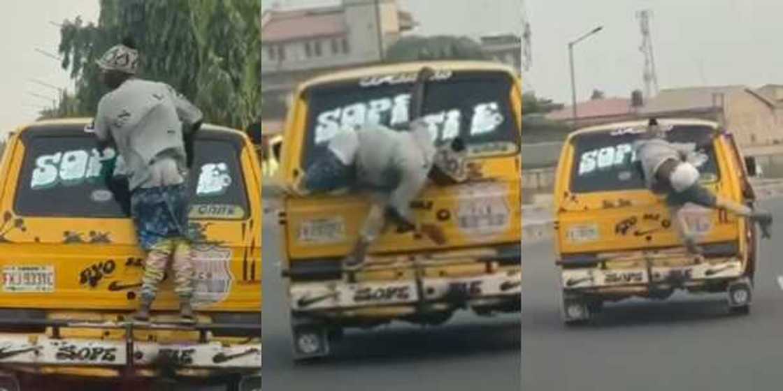 Na Spirit dey Function: Video Captures Man Catching Cruise on Top of Danfo Bus Na Spirit dey Function: Video Captures Man Catching Cruise on Top of Danfo Bus