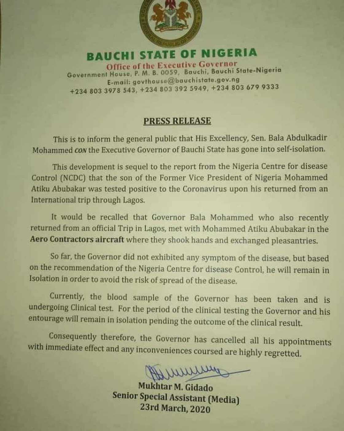 Atiku: Gwamnan Bauchi ya yi gwaji, ya rufe kansa saboda yiwuwar yada Coronavirus Atiku: Gwamnan Bauchi ya yi gwaji, ya rufe kansa saboda yiwuwar yada Coronavirus