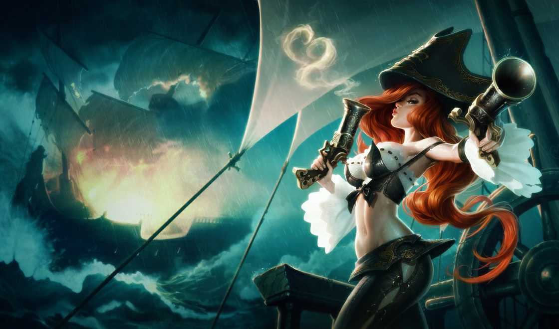 Miss Fortune holding two horns in a boat Miss Fortune holding two horns in a boat