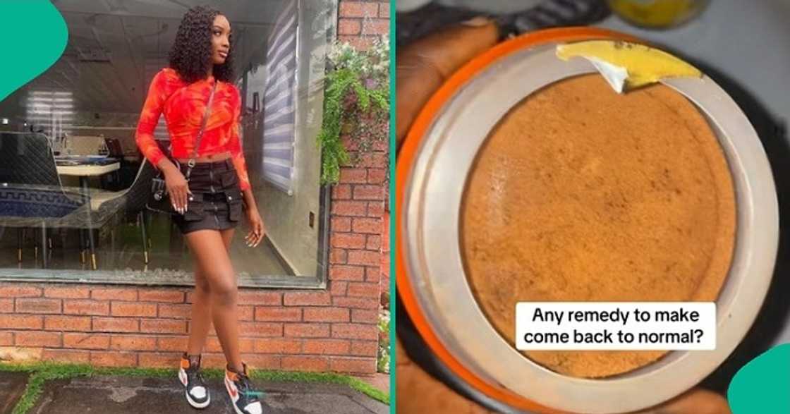 Lady cries out after looking inside the container of tea she bought at a mall. Lady cries out after looking inside the container of tea she bought at a mall.