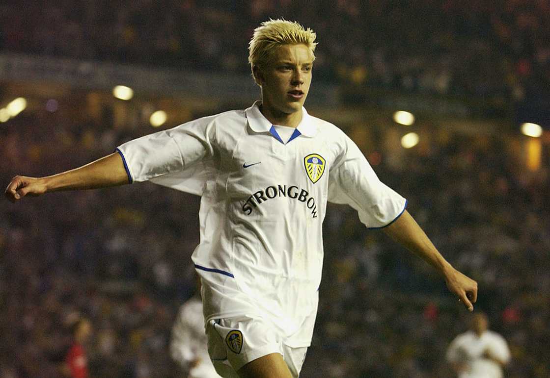 Alan Smith of Leeds celebrates after scoring a goal