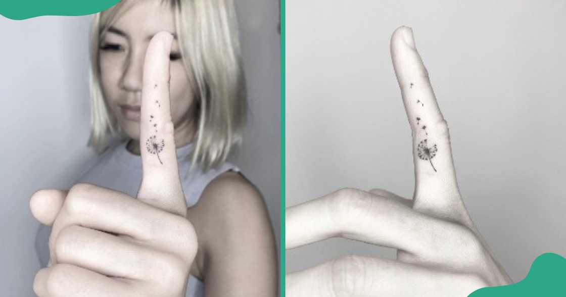 Minimalist dandelion puffball tattoos on the fingers