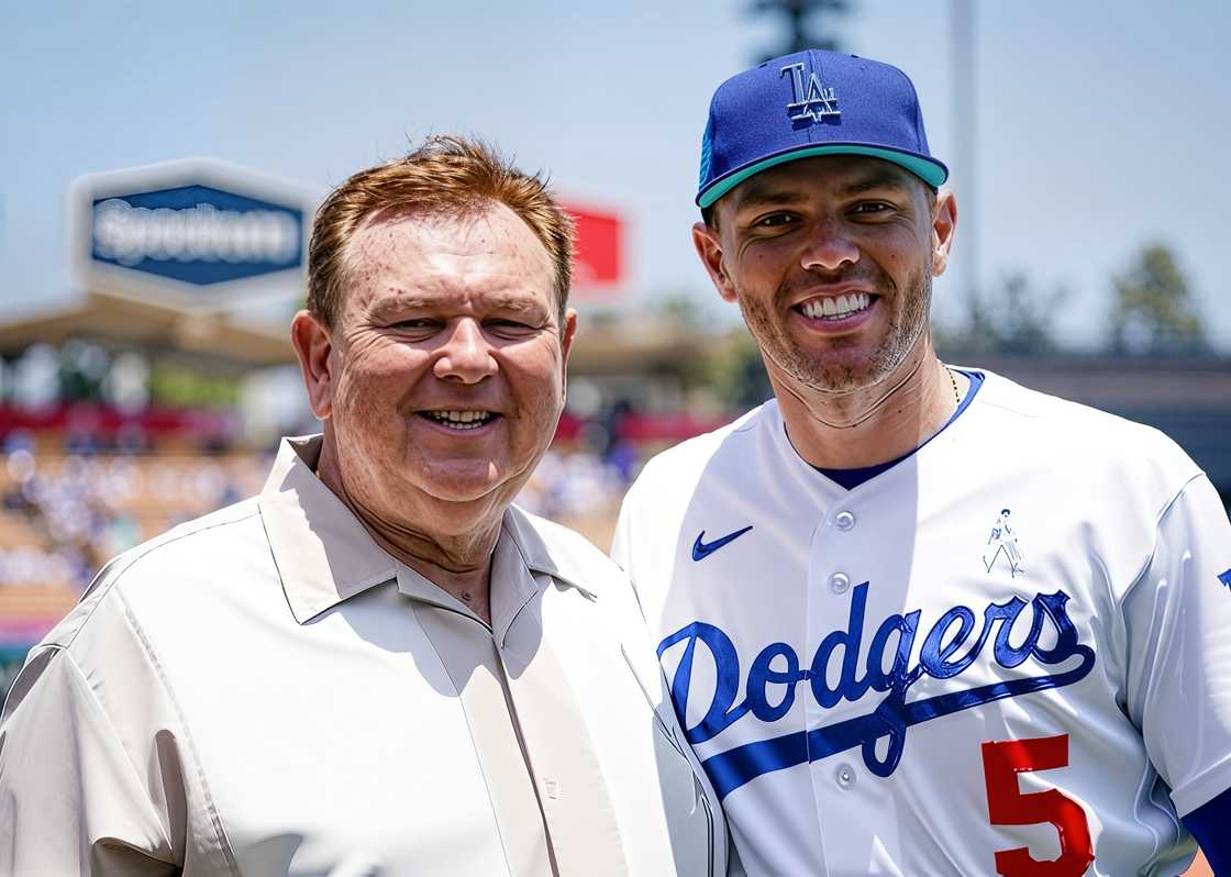 Freddie Freeman poses with her father on a baseball field.