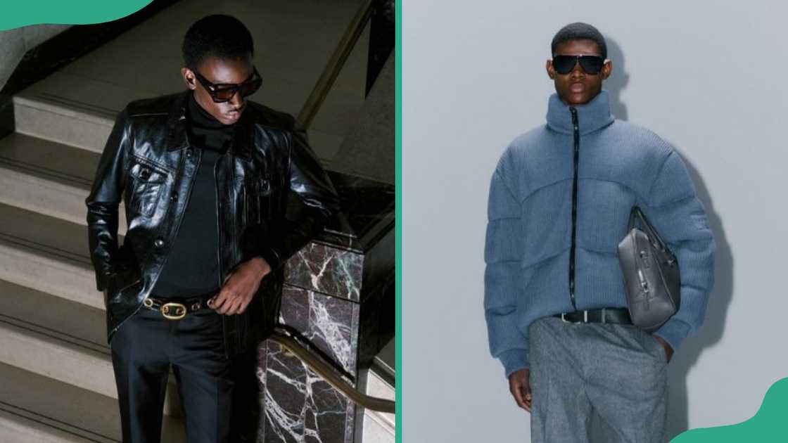 A model posing besides a staircase in all black (L). A male mode posing in a blue jacket, a grey bag, and trouser (R) A model posing besides a staircase in all black (L). A male mode posing in a blue jacket, a grey bag, and trouser (R)