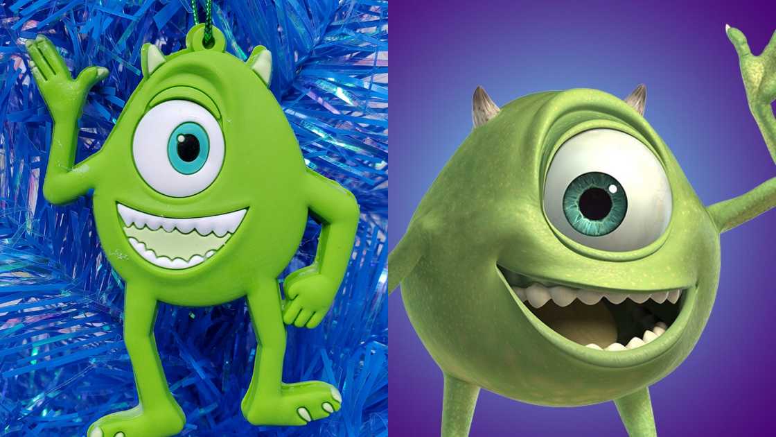 A Mike Wazowski tag against blue and purple backgrounds