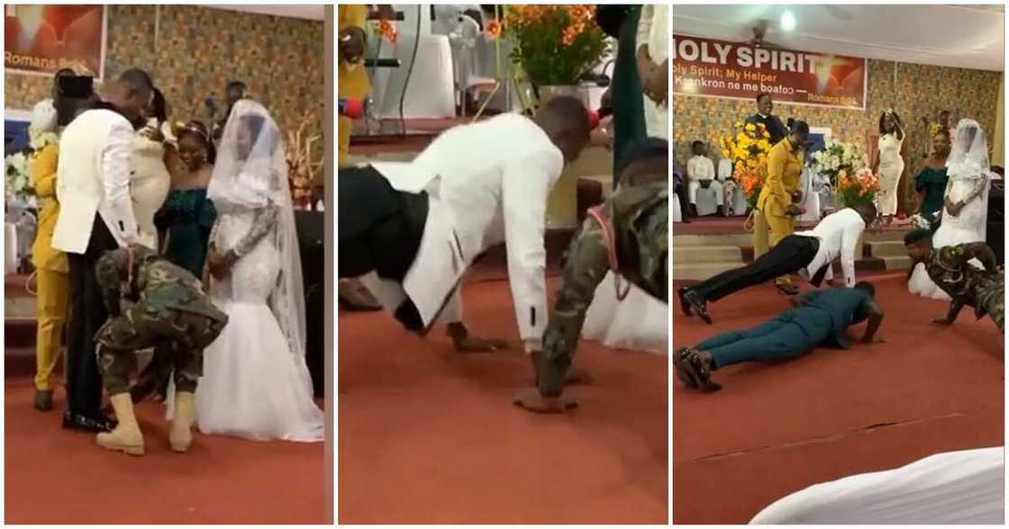 Photos of groom performing push-ups for his wife during his wedding.