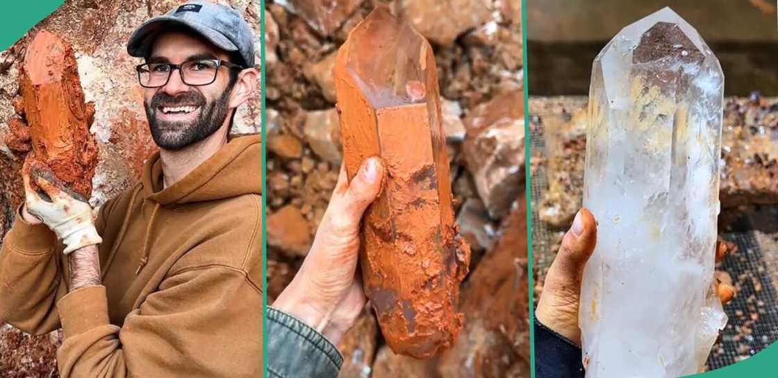 Man digs out shiny stone from the earth. Man digs out shiny stone from the earth.