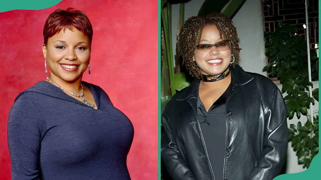 Yvette Wilson as Andell Wikerson in 1999 and her posing while wearing a black leather jacket