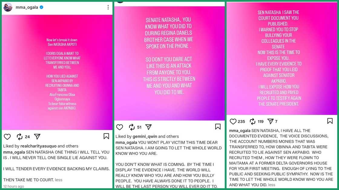 Doris Ogala's Instagram post threatening to expose Natasha Akpoti