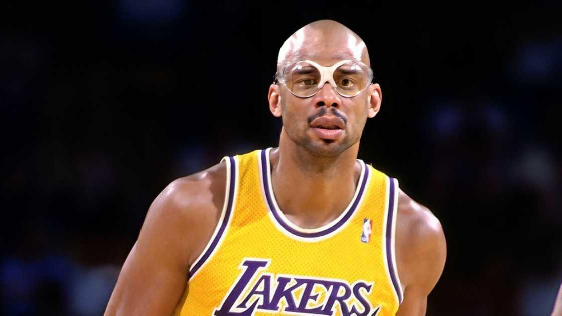 Kareem Abdul-Jabbar of the Los Angeles Lakers runs up the court.