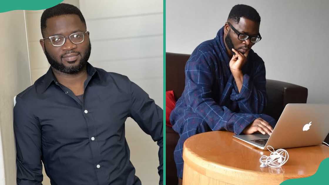 Ayo Sogunro poses for a photo as he leans on a wall (L). The human rights advocate works on a laptop (R) Ayo Sogunro poses for a photo as he leans on a wall (L). The human rights advocate works on a laptop (R)