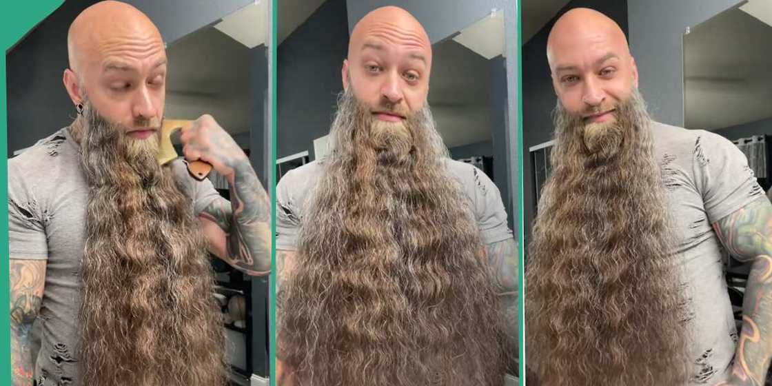 Man with long beard shows it off proudly. Man with long beard shows it off proudly.
