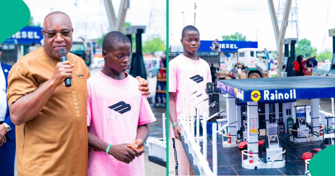 Businessman rewards talented boy with N5 million for building filling station replica Businessman rewards talented boy with N5 million for building filling station replica