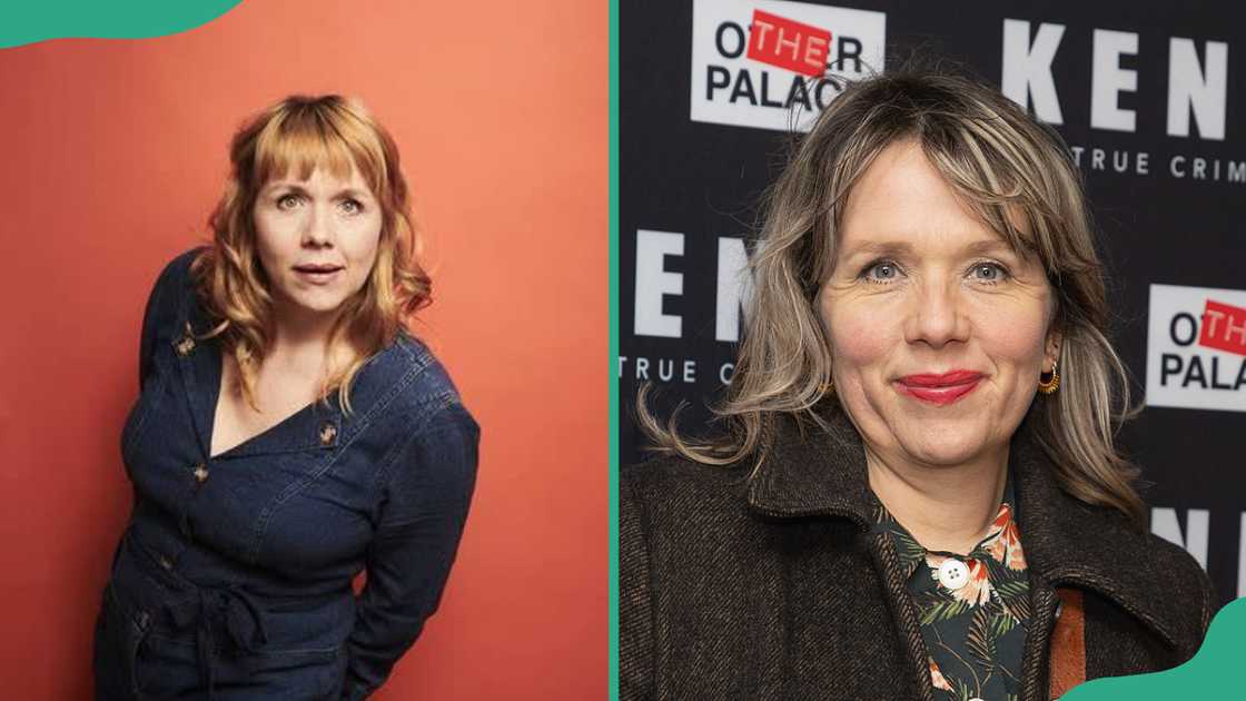 Kerry Godliman looks slightly upward against an orange backdrop and at The Other Palace