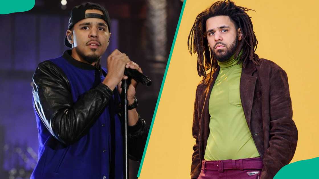 J. Cole singing with a hat and posing for the camera with dreadlocks