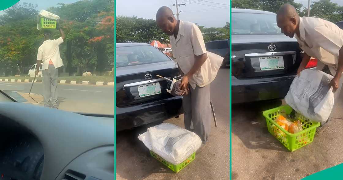 A Nigerian lady shares a video of a blind man hawking bread on the road. A Nigerian lady shares a video of a blind man hawking bread on the road.