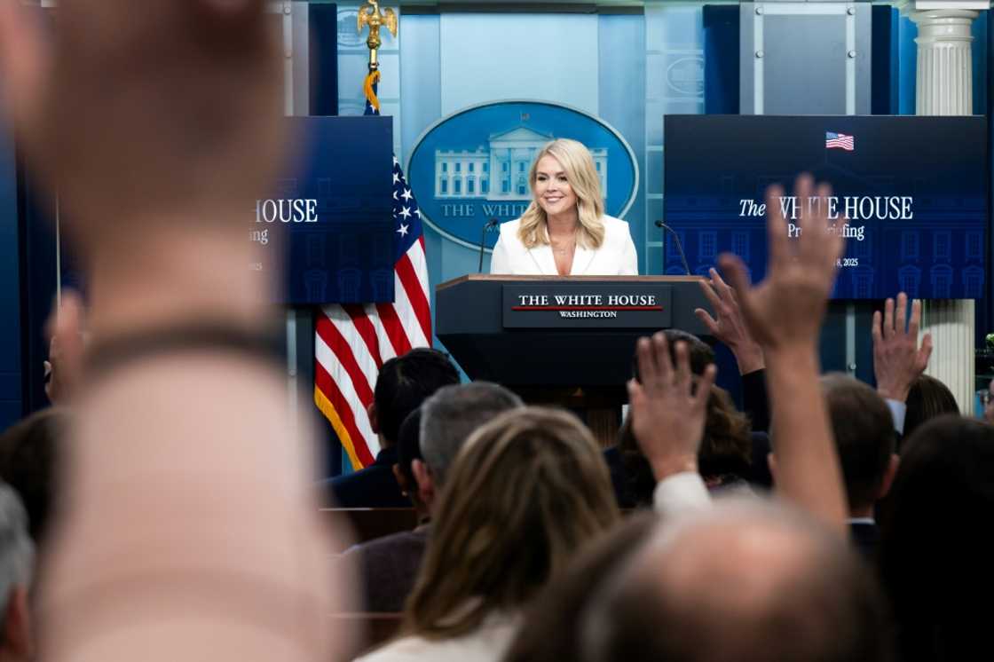 White House Press Secretary Karoline Leavitt speaks during the daily briefing in the Brady Briefing Room of the White House in Washington, DC, on April 8, 2025. White House Press Secretary Karoline Leavitt speaks during the daily briefing in the Brady Briefing Room of the White House in Washington, DC, on April 8, 2025.