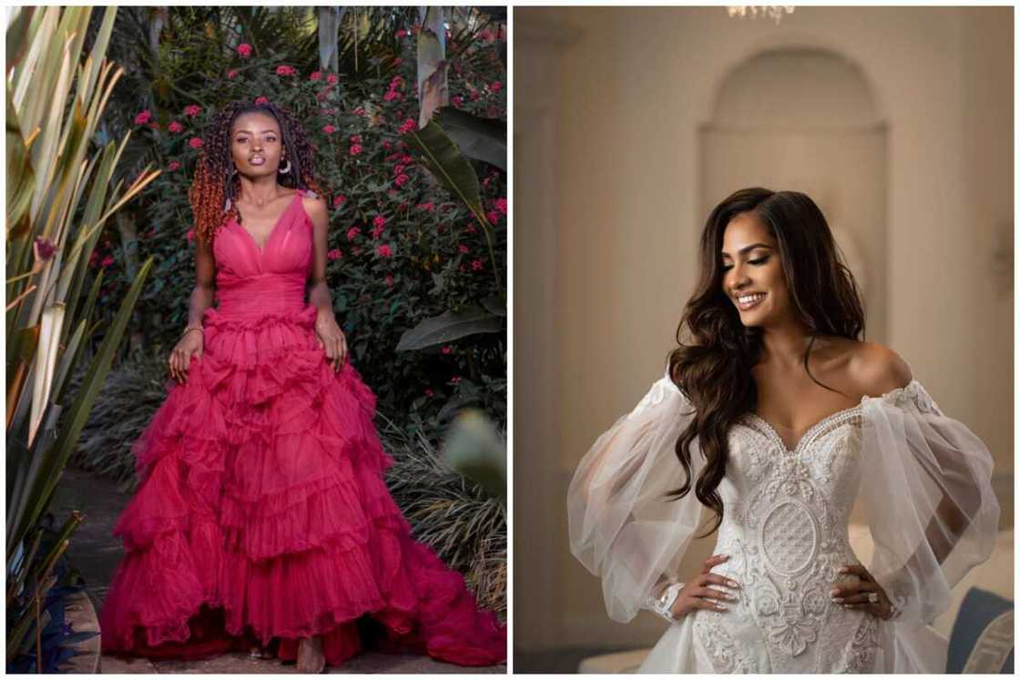 Two ladies donning red and white Victorian gown styles Two ladies donning red and white Victorian gown styles