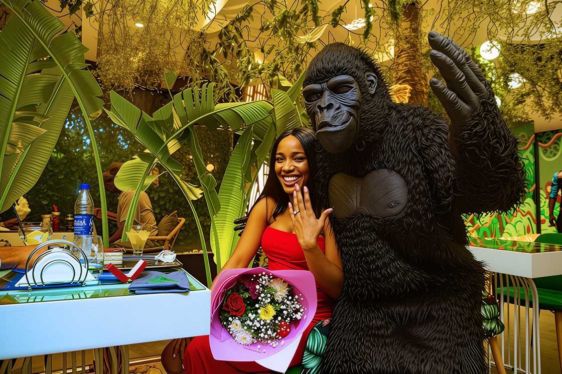 A lady holding flowers posing with a gorilla at Amazonia Restaurant A lady holding flowers posing with a gorilla at Amazonia Restaurant