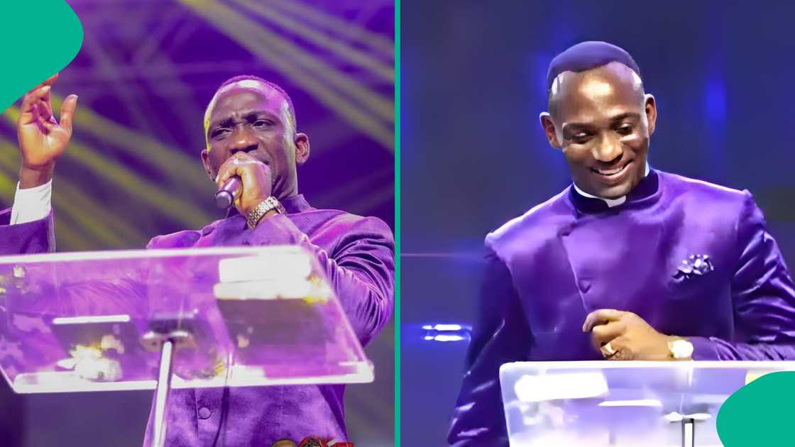 Pastor Paul Enenche laughs as a Warri pidgin interpreter amuses him