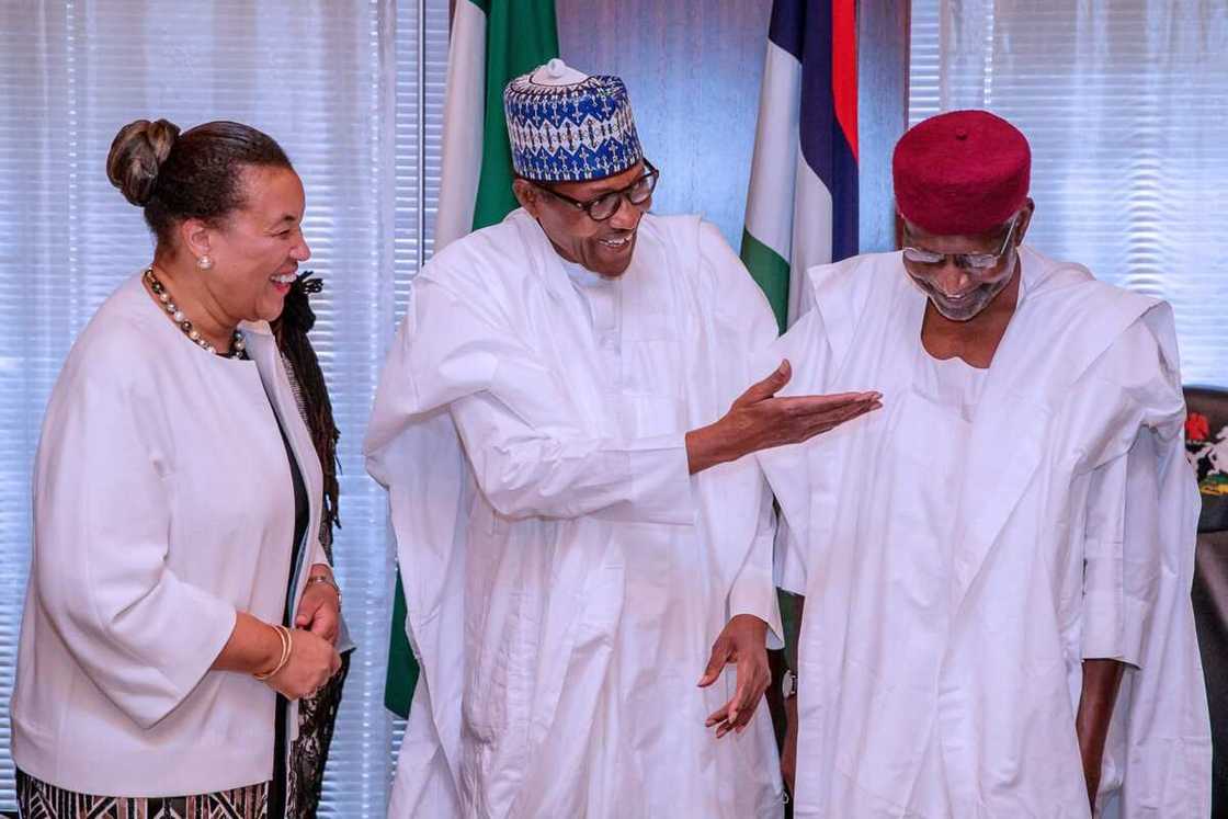 Shugaba Buhari, Patricia da shugaban ma'aikatan sa, Abba Kyari Shugaba Buhari, Patricia da shugaban ma'aikatan sa, Abba Kyari