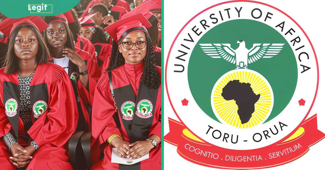 Graduating University of Africa, Toru-Orua studentS (L). The University of Africa, Toru-Orua logo (R) Graduating University of Africa, Toru-Orua studentS (L). The University of Africa, Toru-Orua logo (R)