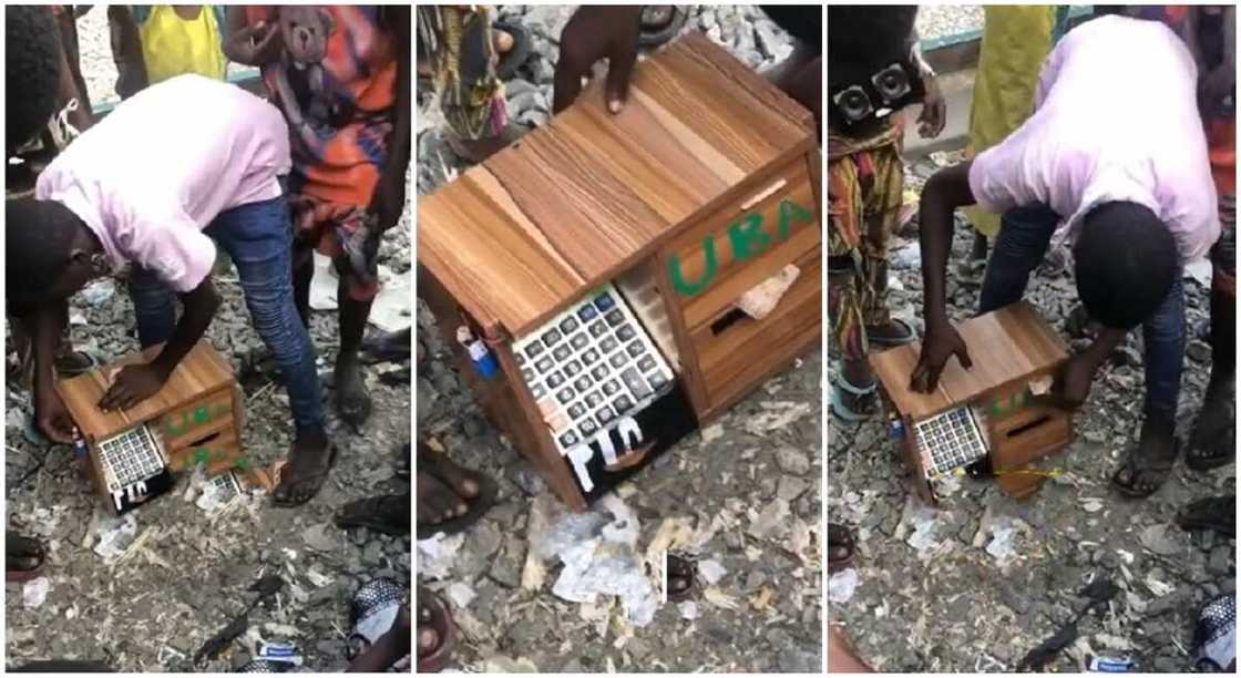 Photos of a Nigerian boy bringing money from an ATM he built. Photos of a Nigerian boy bringing money from an ATM he built.