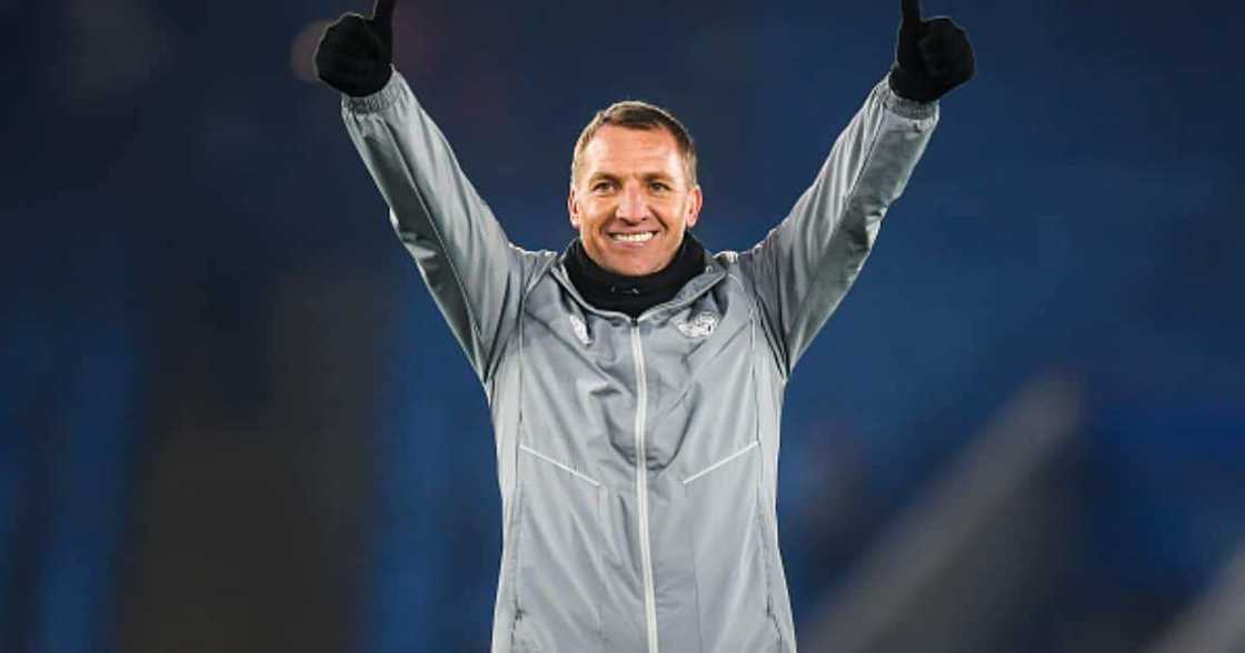 Leicester manager Brendan Rodgers celebrates after the Premier League match between Leicester City and Watford FC at The King Power Stadium on December 04, 2019 in Leicester, United Kingdom. (Photo by Michael Regan/Getty Images)