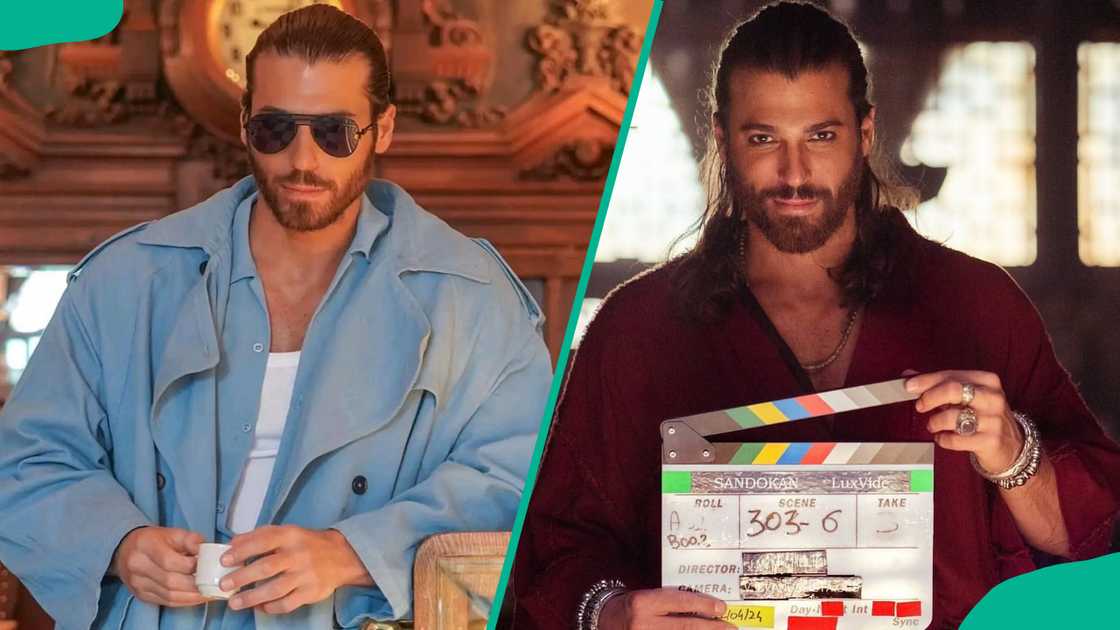 Can Yaman holding a cup and a movie tool Can Yaman holding a cup and a movie tool