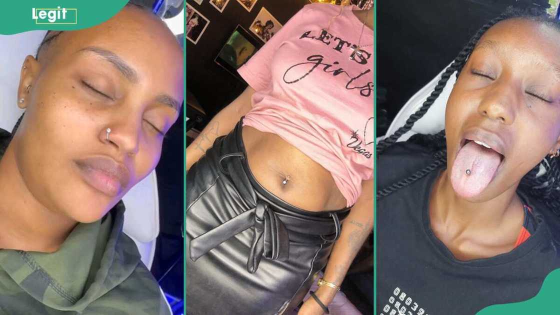 Nostrils (L), navel (C), and tongue piercing (R) Nostrils (L), navel (C), and tongue piercing (R)