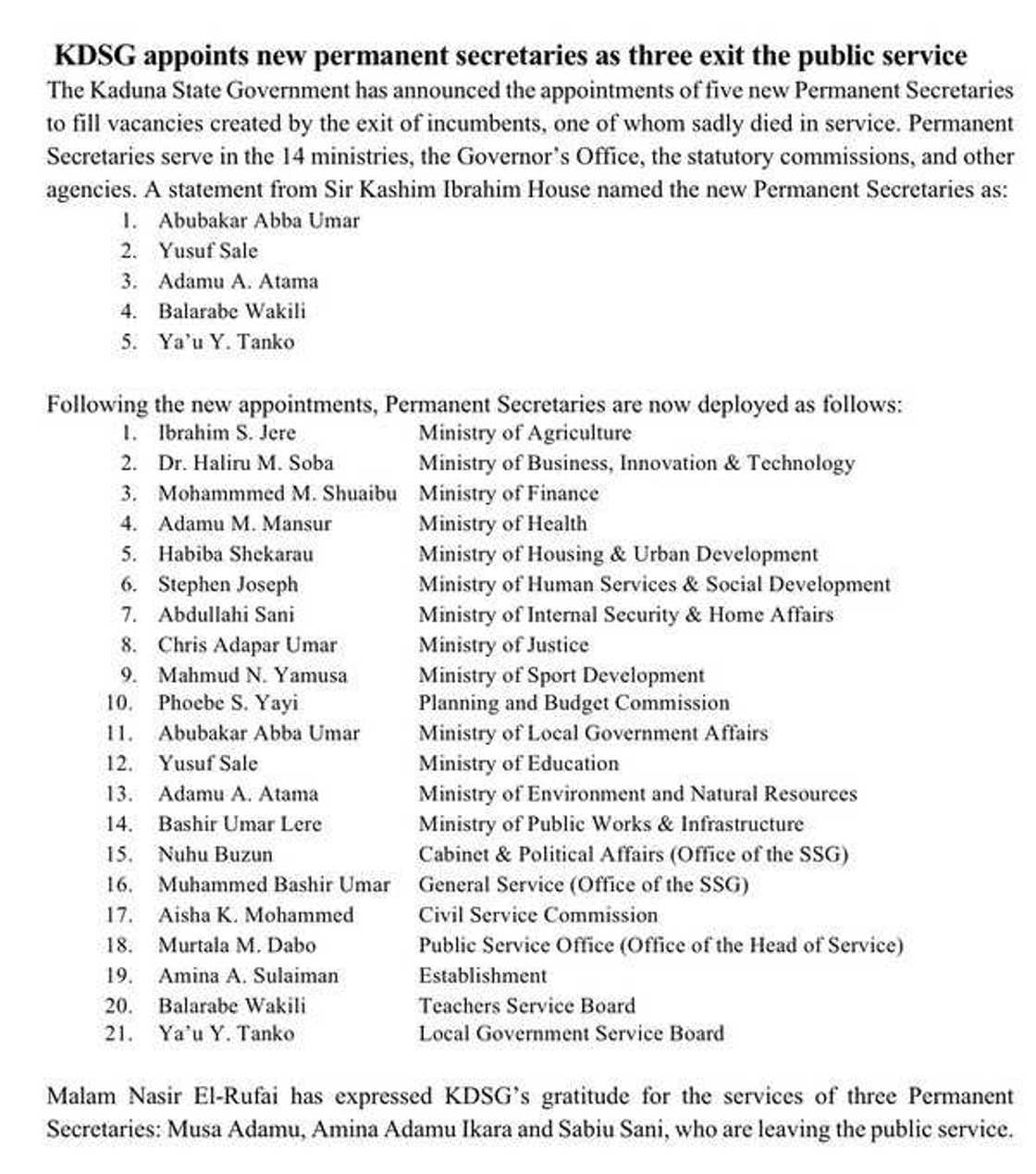 El-Rufai Ya Sake Sabon Nadi a Gwamnatinsa, Ya Yi Garanbawul a Wasu Wurare El-Rufai Ya Sake Sabon Nadi a Gwamnatinsa, Ya Yi Garanbawul a Wasu Wurare