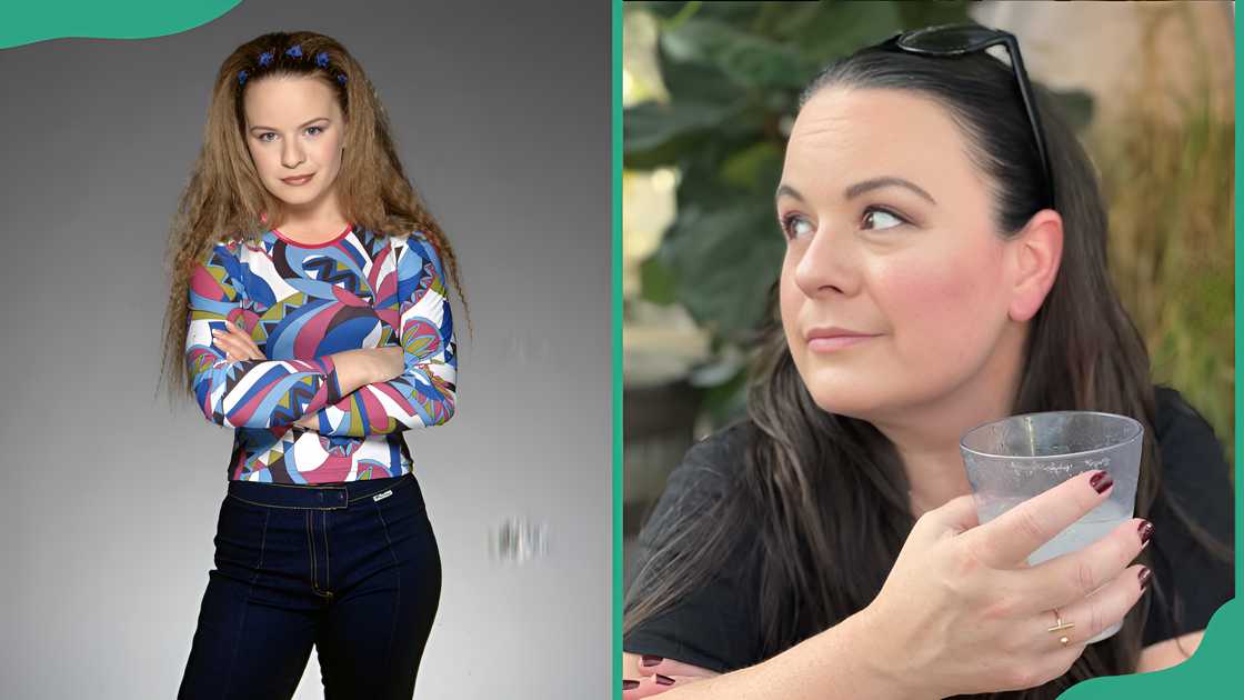 Jenna von Oy as Stevie Van Lowe and the actress posing while holding a glass Jenna von Oy as Stevie Van Lowe and the actress posing while holding a glass