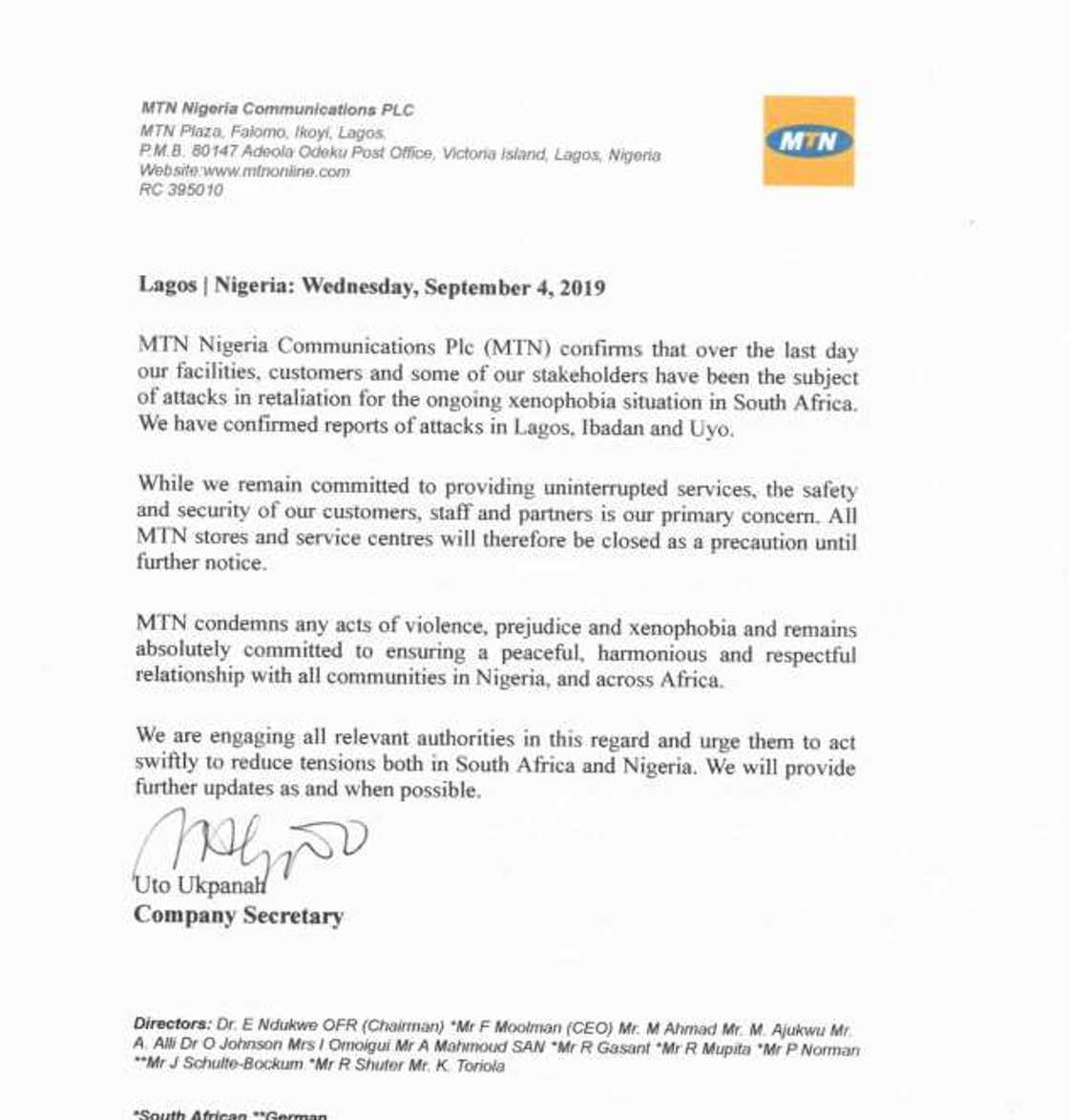 MTN said the safety of its staff is premium over its commitment to provide quality service.