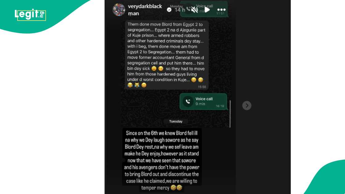 VeryDarkMan shares update he received about Blord's health in Kuje. VeryDarkMan shares update he received about Blord's health in Kuje.
