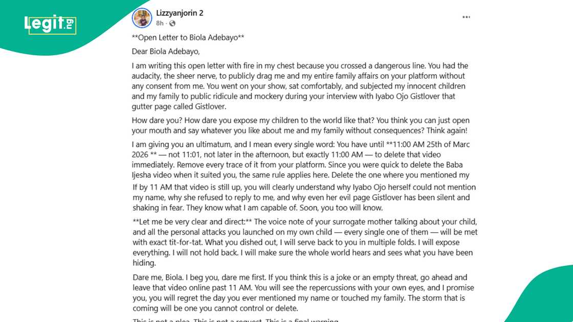 Lizzy Anjorin releases statement, threatening to take action against Biola Adebayo after apology to Iyabo Ojo.