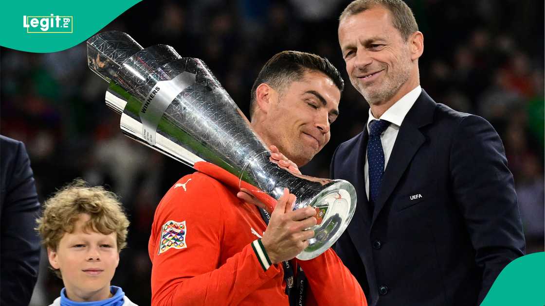 Cristiano Ronaldo, Aleksandr Ceferin, Portugal, Spain, Allianz Arena, Munich, Germany, UEFA Nations League. Cristiano Ronaldo, Aleksandr Ceferin, Portugal, Spain, Allianz Arena, Munich, Germany, UEFA Nations League.